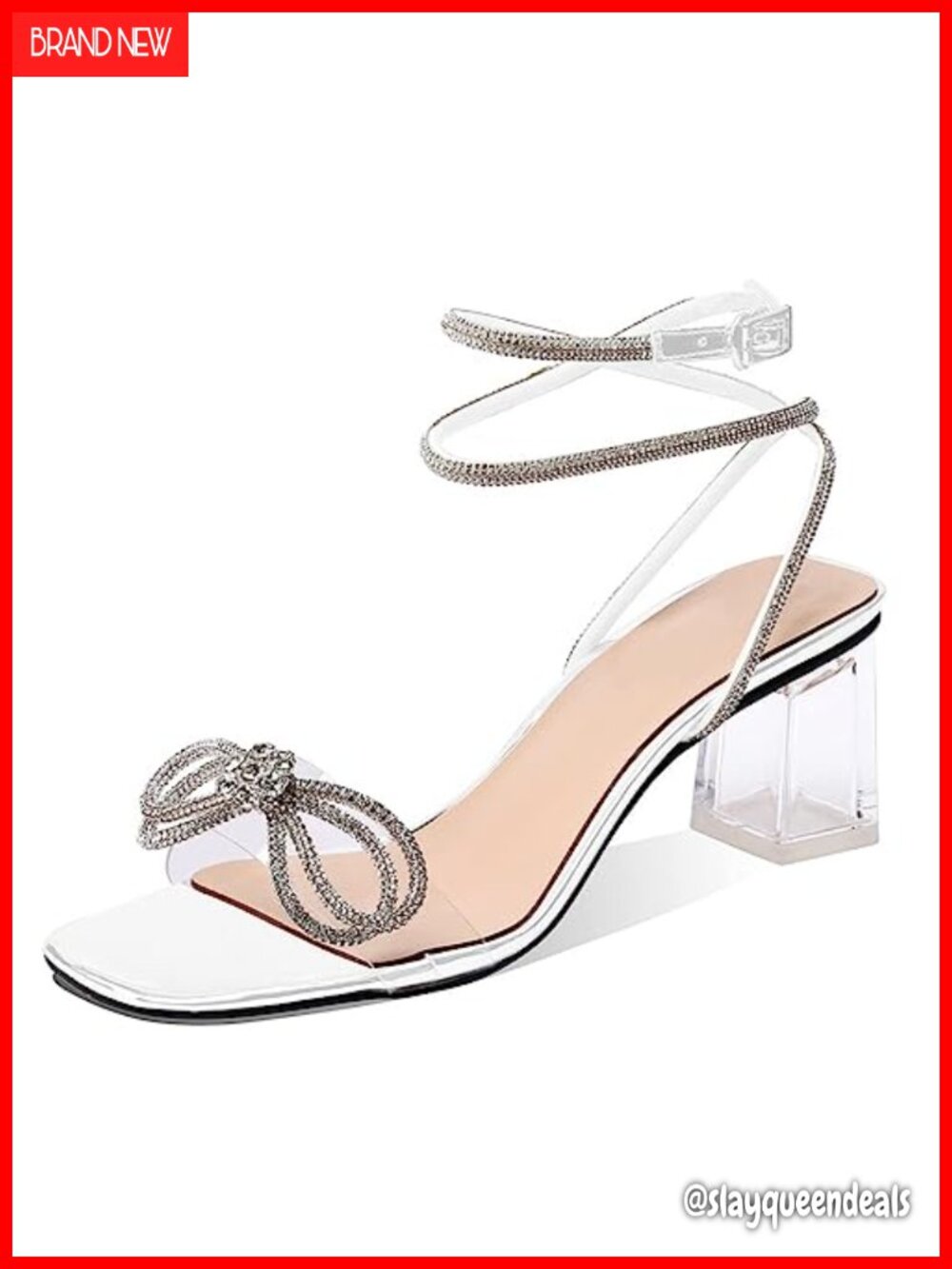 Bow Heels Rhinestone Strap Transparent Crystal Square Toe Block Chunky Heels